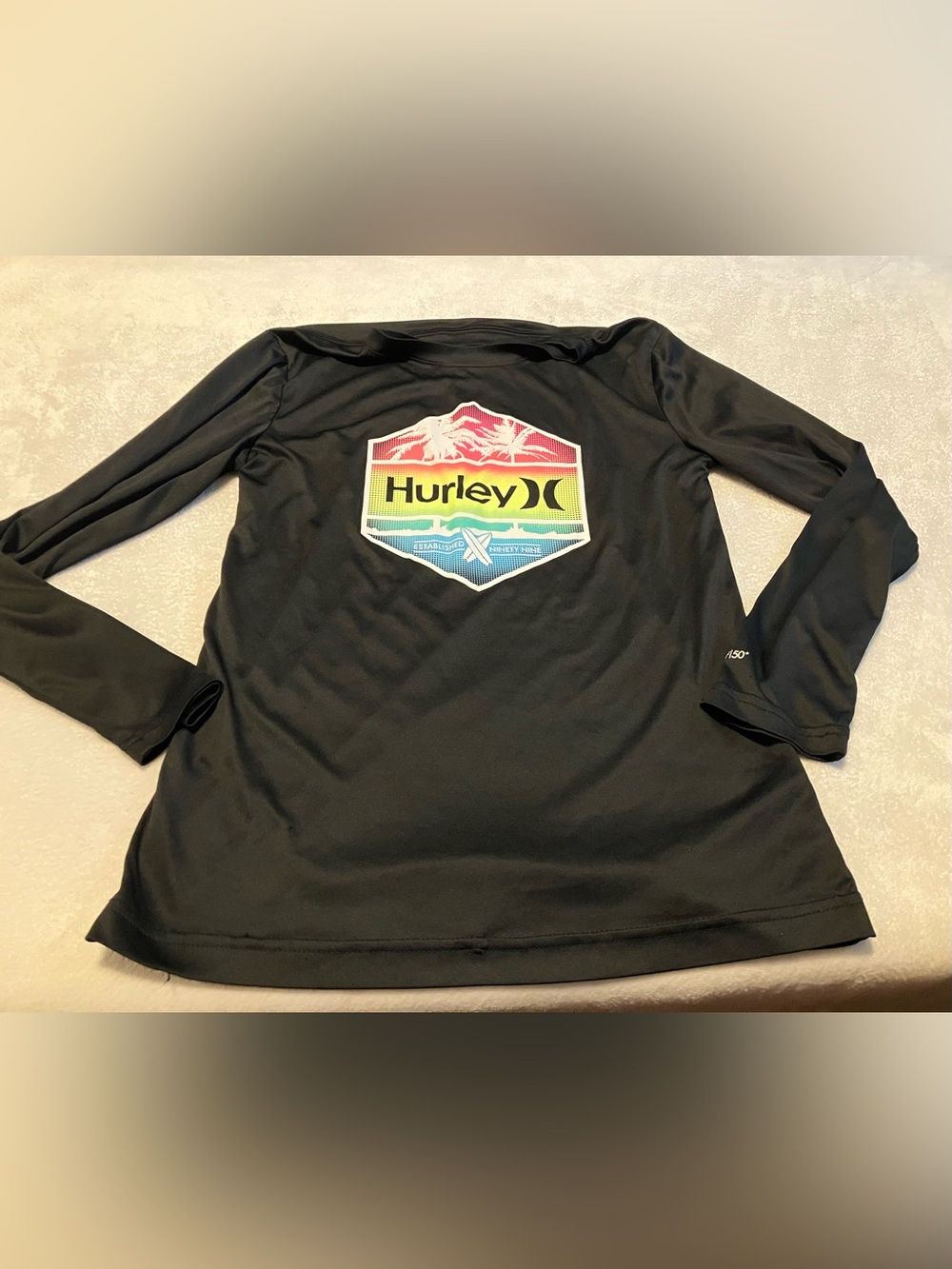 Hurley Black Long-Sleeve Rash Guard with Multicolor Badge Logo